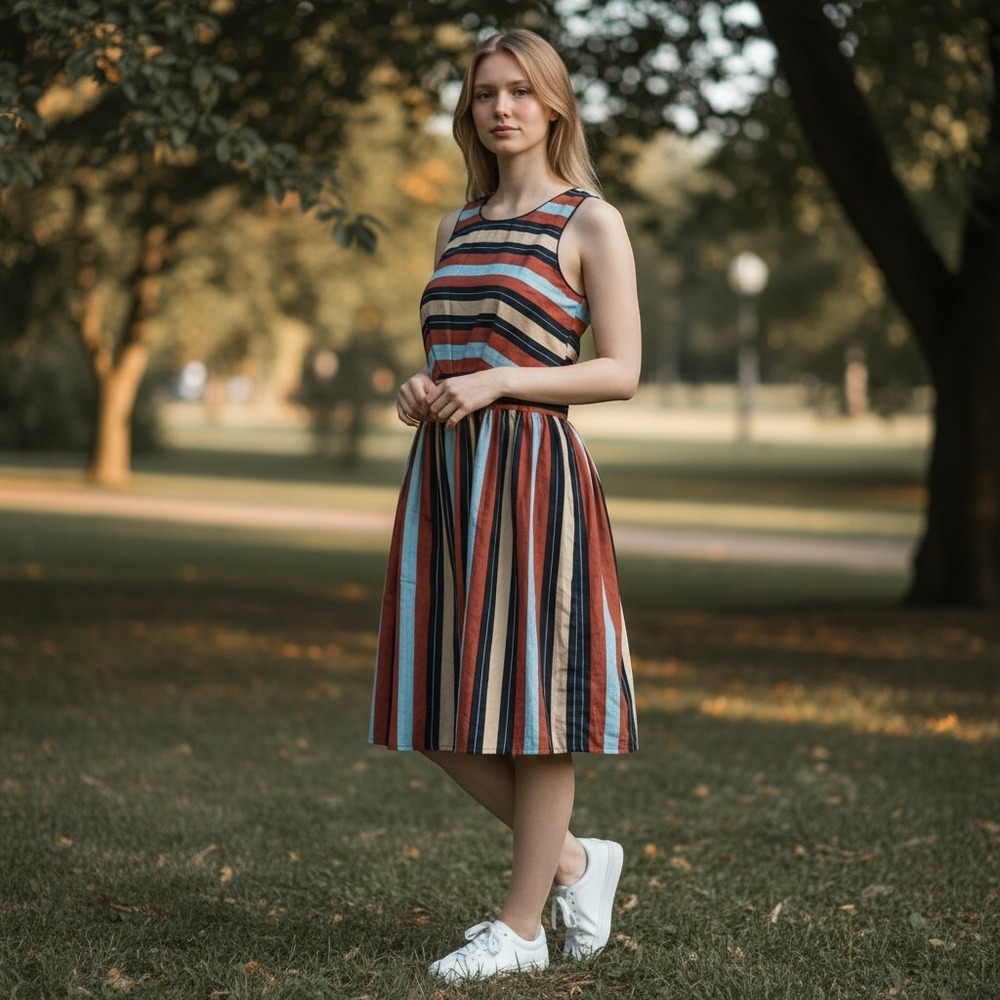 Love H81 Striped Dress Womens Small Rust Blue Excellent Fit & Flare Midi 081